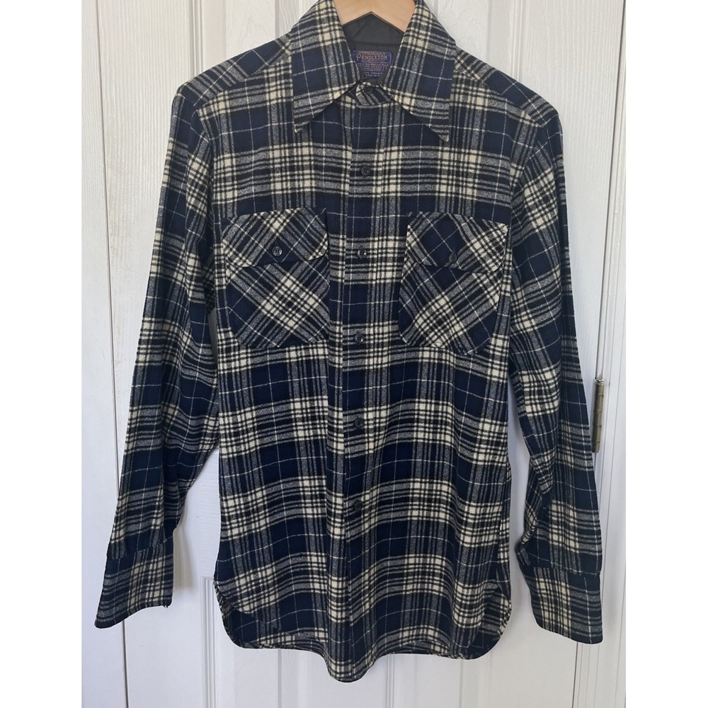 Vintage Pendleton Board Shirt Mens Small Blue Plaid 60s 70s 100% Wool USA Made